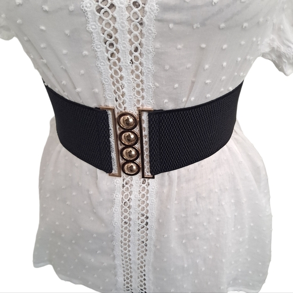 Ladies Black Extra wide waist Stretch corset elastic Belt Gold dots buckle belt - Picture 5 of 10